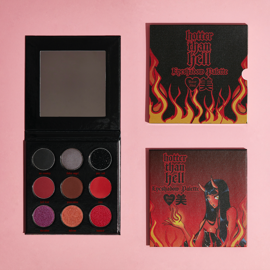 Hotter Than Hell devil anime eyeshadow palette. Features darker shades perfect to create a smokey eye with a devil anime girl print on the front cover. 